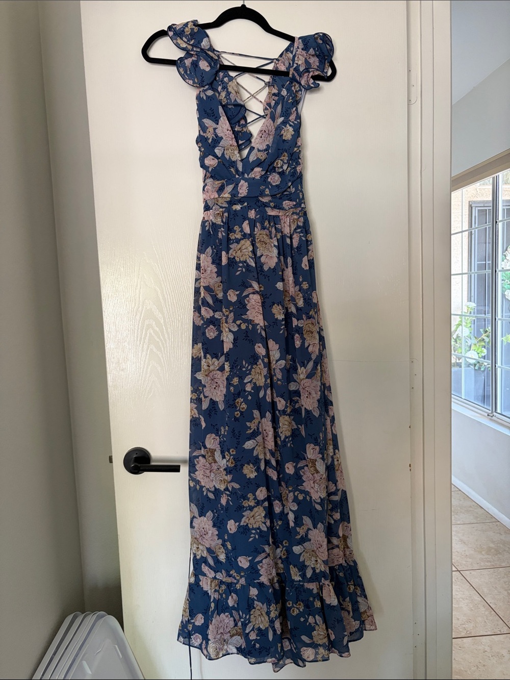 Lulu's Navy Blue Floral Maxi Dress with Pink Blossoms